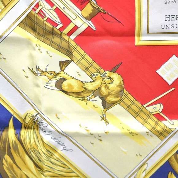 Authentic HERMES Carre 90 Scarf "COMBATS DE COQS" Silk Red Blue - Picture 16 of 16
